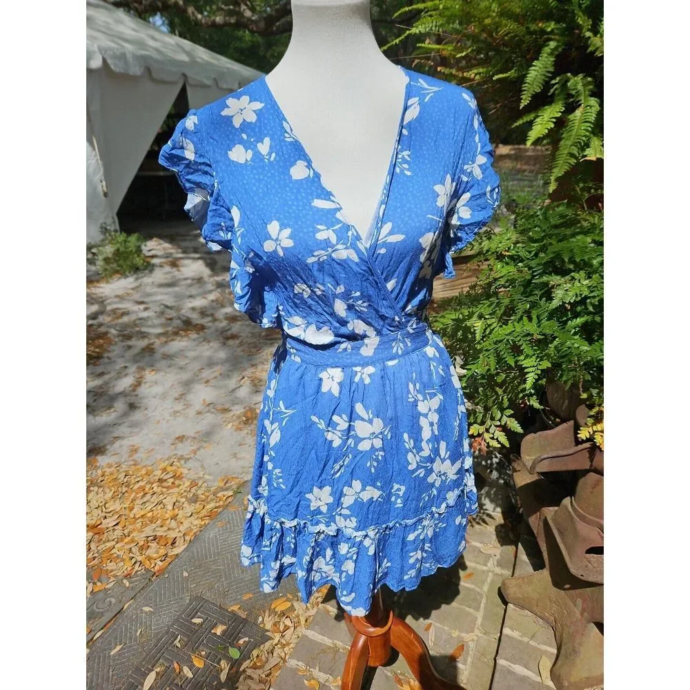 BTFL-Life Fit & Flare Wrap Swing Dress Blue‎ Ruffle Skirt FLUTTER SLEEVE Medium